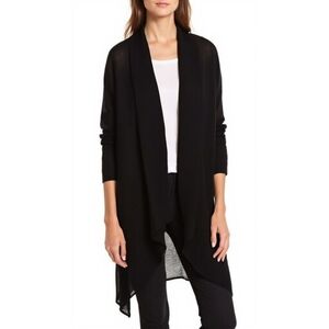 Eileen Fisher Linen Elevated Basic  Open-Front Black Tissue Thin‎ Cardigan Sz L